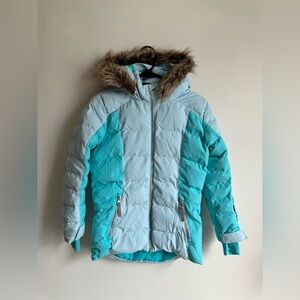 Spyder Little girls conquer Light Blue Puffer Jacket with Faux Fur Hood Size 12